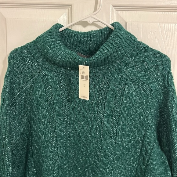 Anthropologie Green Mixed Media Turtleneck Cable Knit Sweater NWT Size Large - Picture 5 of 11